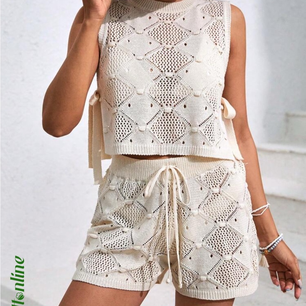 Cream Knit Sleeveless Top and Shorts Set